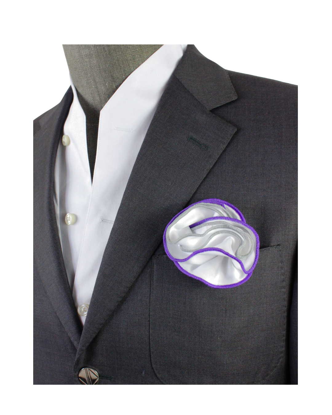 White Silk/Satin Round Pocket Square w/ Silver & Lavender Trim – VERSE 9
