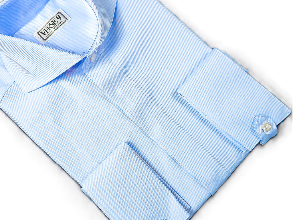 Sky Blue Solid Spread Collar Shirt with Convertible Tap French Cuff – VERSE 9