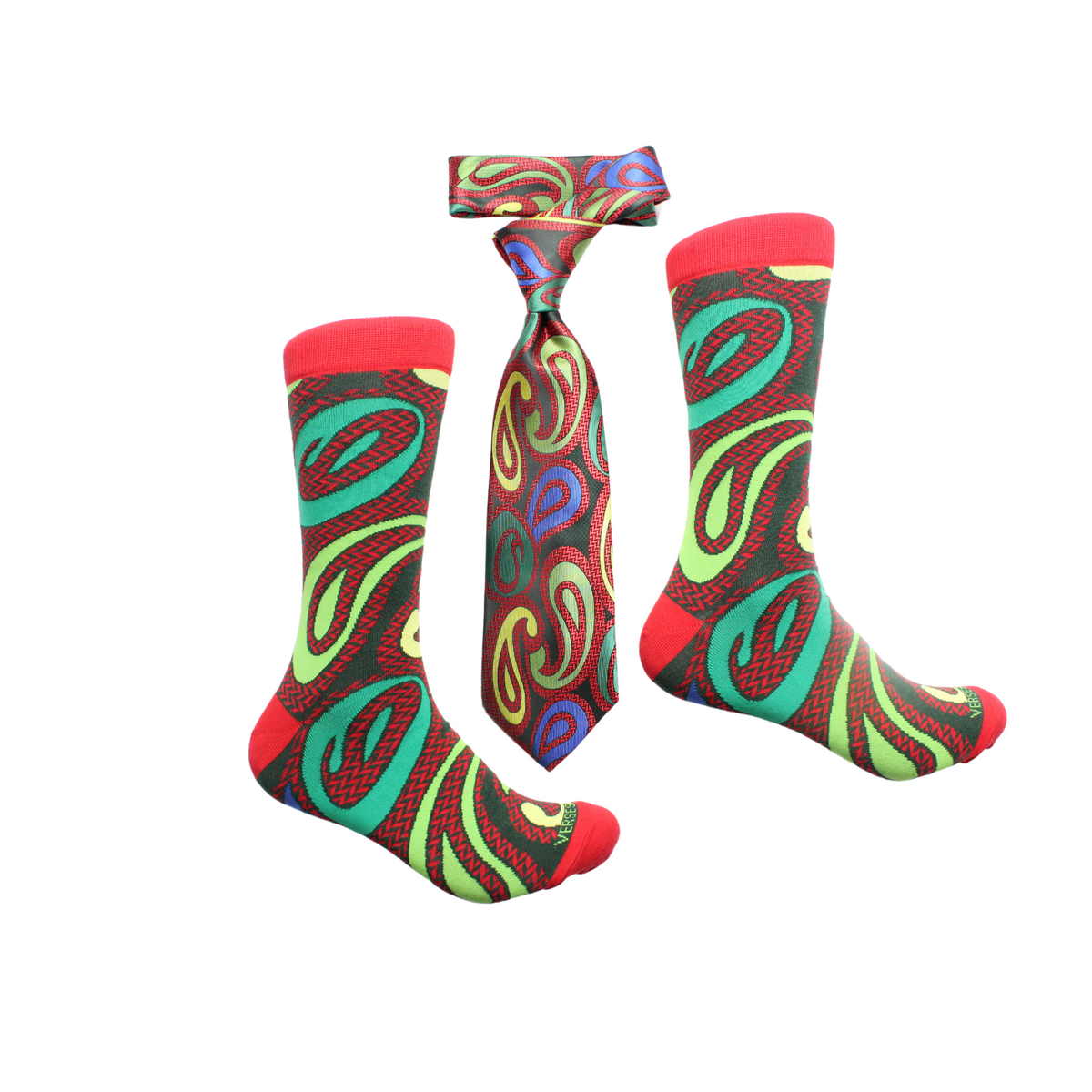 Usain 7 Green & Red Paisley Tie & Sock Combo VERSE 9
