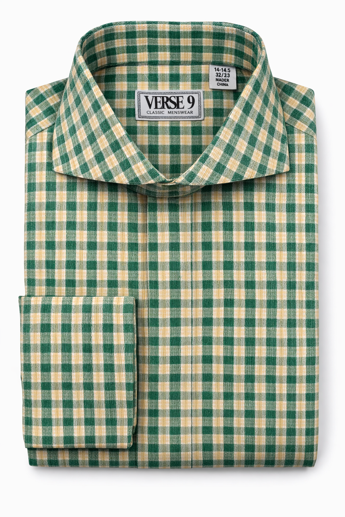 Cutaway Check Shirt | Green & Yellow French Cuff Shirt VERSE 9 Cutaway Check Shirt | Green & Yellow French Cuff Shirt VERSE 9