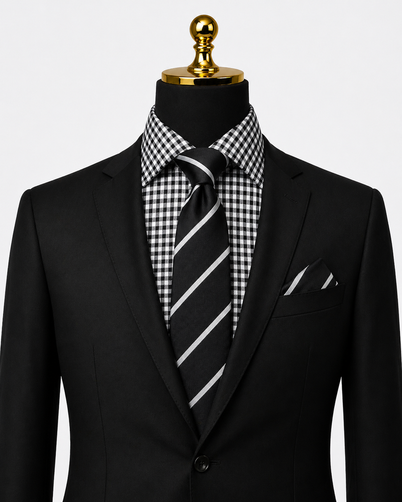 dress shirt tie set Black & White Check & Power Stripe A1